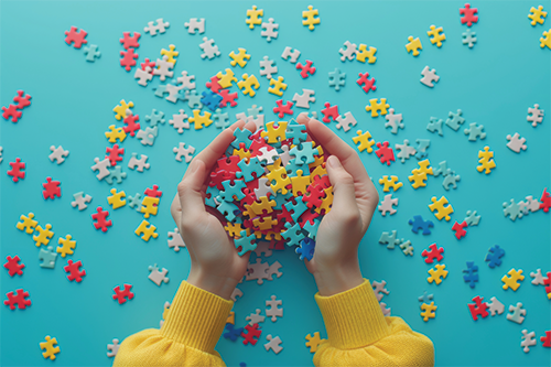 A close-up of scattered, colorful puzzle pieces, symbolizing neurodiversity, being gathered up by a pair of hands