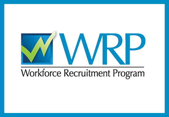 Blue and yellow WRP logo, with the text Workforce Recruitment Program, on a white background outlined by a blue box.