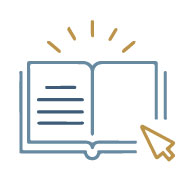 Icon of an outline of an open book with an arrow pointing to an open page.