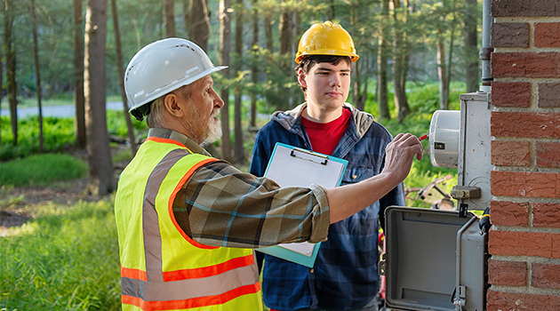 two men wearing hard hats looking at an electrical box outside a home