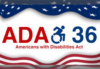 Red, white, and blue graphic featuring stars and stripes decoration and a wheelchair icon with the words ADA 36, Americans with Disabilities Act.