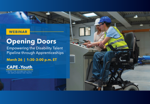 Promotional graphic for an apprenticeship webinar. Photo of two workers wearing hard hats in an industrial work zone. One person uses a wheelchair.