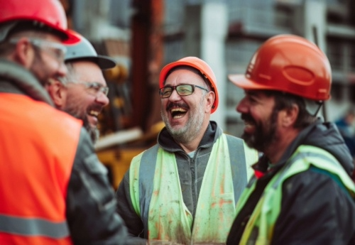 Four construction workers wearing safety vets and hard hats, standing in a group and laughing together.