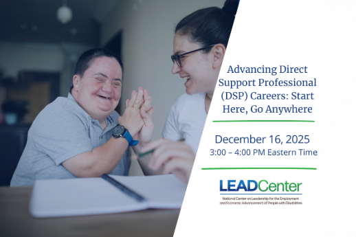 Person with developmental disability high-fives support professional. Text notes date and time of relevant webinar: December 16, 3 p.m.