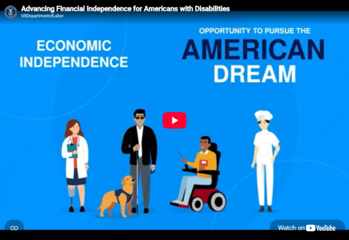 Red, white, and blue and a wheelchair icon with the words American Dream