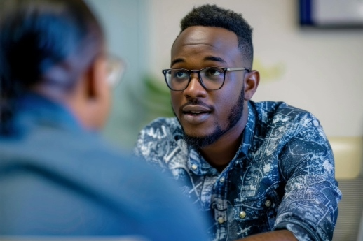 Young autistic person receives job coaching in an office setting
