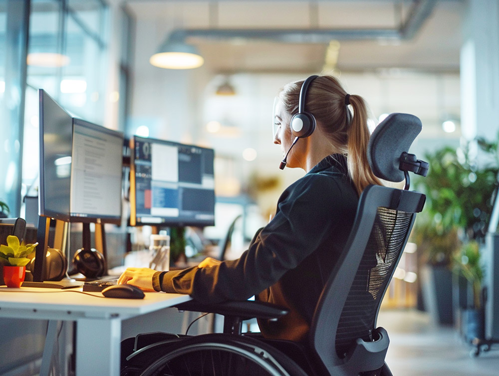 a woman in suit sitting in wheel chair at the desk with monitor.