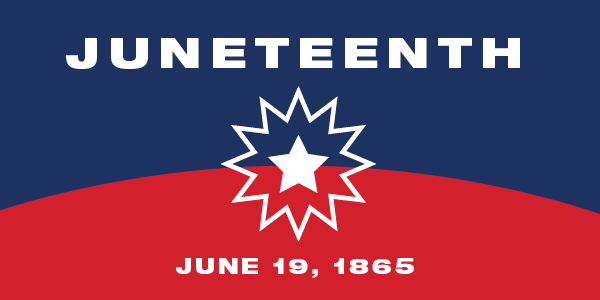 The Juneteenth flag in red, white and blue. A star represents freedom, a burst represents new beginnings, and an arc represents new horizons.