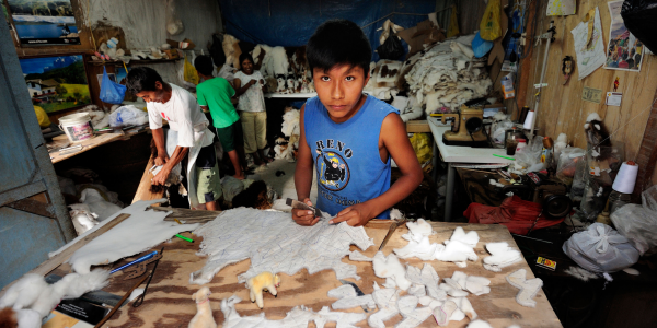 A young boy works with wool, making soft toys in a small, crowded sewing room. 