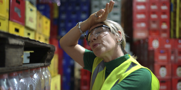 A woman working in a warehouse wipes sweat from her forehead.