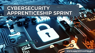 Cybersecurity Apprenticeship Sprint is printed across a black computer circuit board with a white lock.    