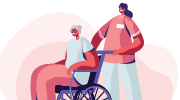 Illustration: A woman in medical scrubs pushes an older woman in a wheelchair.
