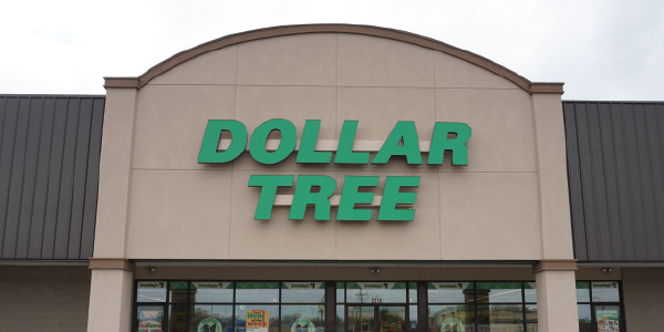 A Dollar Tree logo above the entrance to a store.