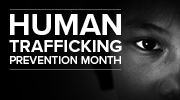 Human Trafficking Prevention Month. Black-and-white close-up photo of a child’s face.