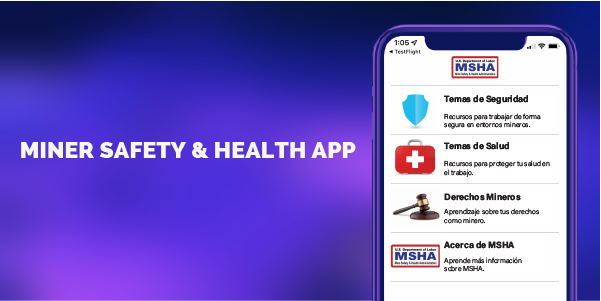 Miner Safety & Health App. Image a phone with the Spanish-language app visible on the screen.