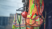 Personal protective equipment, including reflective vests and hard hats, hang near a construction site.