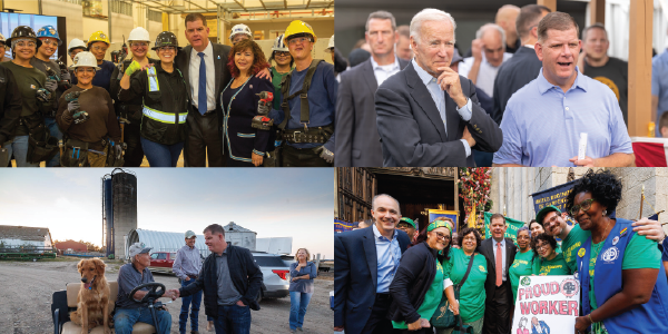 A photo collage shows Secretary Walsh with a group of women construction workers, chatting with President Biden, shaking hands with a farmer and with a group of union workers.