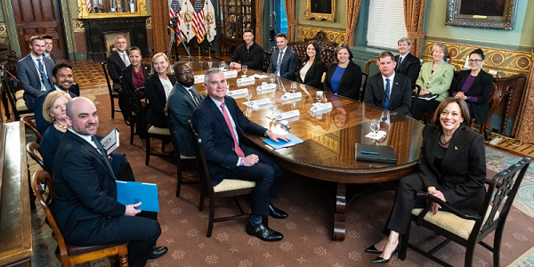 Members of the White House Task Force on Worker Organizing and Empowerment, including former Secretary of Labor Marty Walsh and Vice President Kamala Harris, meet with employers and unions for a roundtable discussion in an ornate room at the White House.