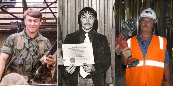 Photo collage of Seward Dinsmore as a young man in uniform in Vietnam, a black-and-white image of him in professional clothes holding a certificate, and a photo of him in protective vest and a hardhat with the Wage and Hour Division logo. 