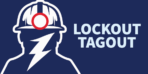 Lockout. Tagout. Illustration of a miner and an electrical bolt.