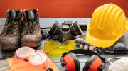 A collection of safety equipment: boots, goggles, masks, gloves, hardhat and noise-canceling headphones