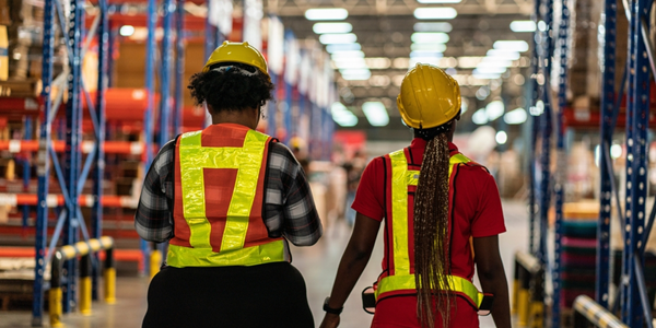 Two workers wearing hardhats and high visibility vests are shown from behind as they walk through a warehouse.