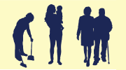 Silhouettes of a woman sweeping, a woman holding an infant, and a woman helping a man to walk with the support of a cane.