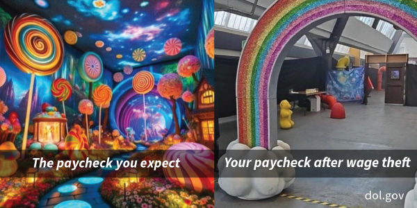 Side-by-side images of Willy Wonka's chocolate factory and a makeshift version that is less appealing. Text reads: The paycheck you expect vs. Your paycheck after wage theft.