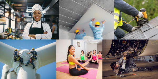 A collage shows men and women in different professions â chef, drywall installers, roofer, windmill technicians, fitness instructor and aircraft mechanic.