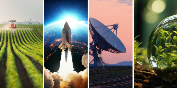 A collage features a harvester rolling down a field of crops, a space shuttle high above the earth, an enormous satellite receiver and a close-up of seedlings, seen through a bead of dew. 