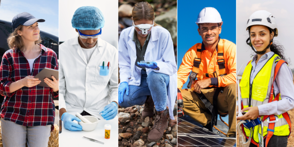 Diverse workers in different occupations related to the environment, including a solar panel installer, wind turbine technician, chemist, agricultural engineer and environmental scientist.