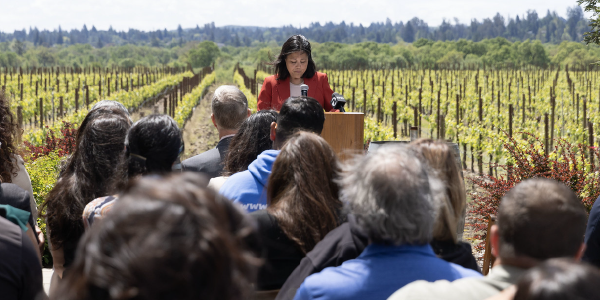 Acting Secretary Su speaks at a podium in front of a large crowd. Behind her, a vineyard stretches toward the horizon.