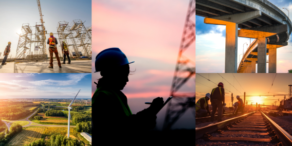 Infrastructure collage: constructure workers near scaffolding, wind turbines, a woman with a clipboard near an electrical pole, an overpass, and workers in hardhats near a railway track.