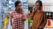 One woman dressed as two different characters speaking on the phone with each other. One is in a workplace and the other is at home.