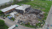 Aerial view of the AB Silicones plant following the explosion, showing a large building that has been destroyed. Credit: U.S. Chemical Safety and Hazard Investigation Board Investigation Report  