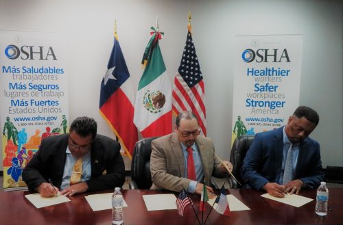 On June 14, 2023, OSHA Dallas Area Director Basil Singh, Fort Worth Area Director Timothy Minor and Mexico’s Consul in Dallas Francisco de la Torre Galindo signed an alliance to promote understanding of the workplace safety and health rights and responsibilities and provide resources for North Texas’ Spanish-speaking workers.