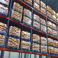 packaged foods on warehouse shelves