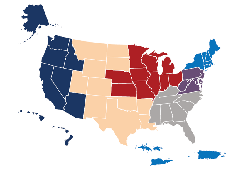 United States map of RVEC regions color coded.