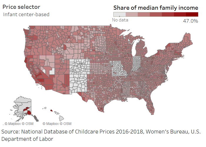 Childcare Prices as a Share of Median Family Income by Age of Children and Care Setting image