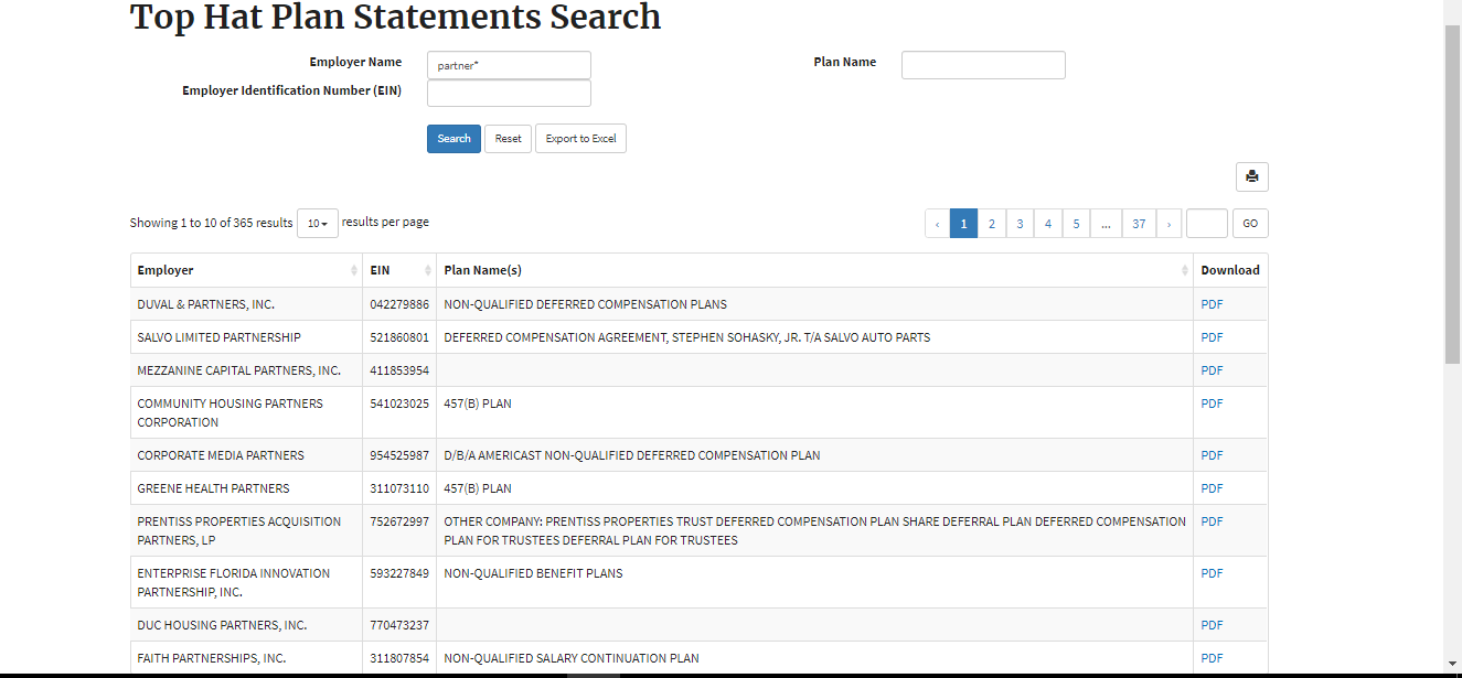 Top Hat Statement Search Instructions screenshot. Employer Name entry box, Employer Identification Number (EIN) entry box, Plan Name entry box, Search, Reset, Export to Excel buttons. Showing page 1 of the partner* Employer Name entry search results. Employer, EIN, Plan Name(s), and Download columns.