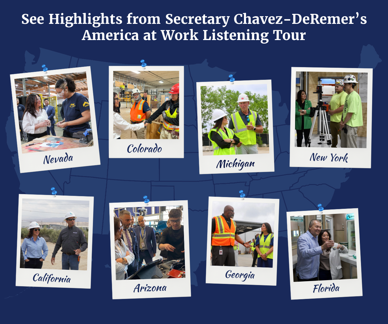 A blue graphic with a map of the United States and the text "See Highlights from Secretary Chavez De-Remer's America at Work Listening Tour." Eight photos show the secretary at worksites in different states around the country meeting with workers and employers.