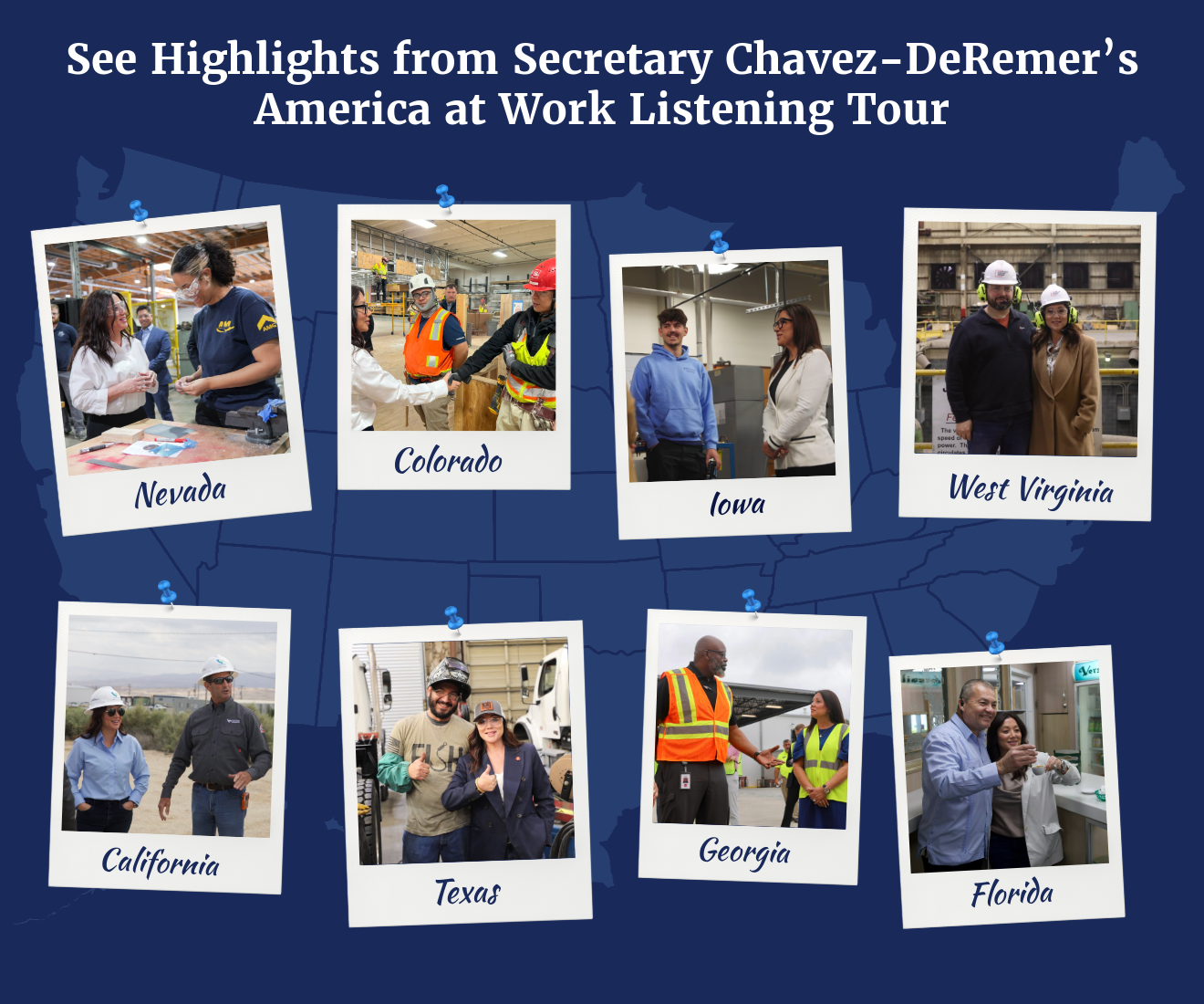 A blue graphic with a map of the United States and the text "See Highlights from Secretary Chavez De-Remer's America at Work Listening Tour." Eight photos show the secretary at worksites in different states around the country meeting with workers and employers.