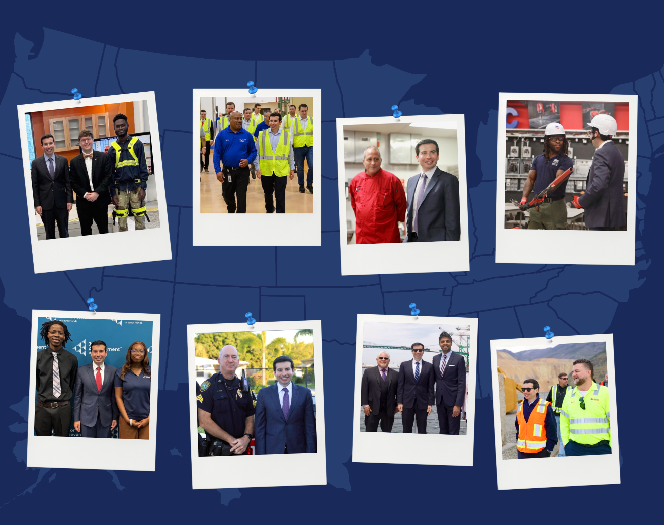 A blue graphic with a map of the United States and eight photos showing the acting secretary at worksites in different states around the country meeting with workers and employers.