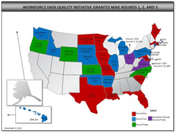 Workforce Data Quality Initiative Grantee Map, Rounds 1, 2, and 3