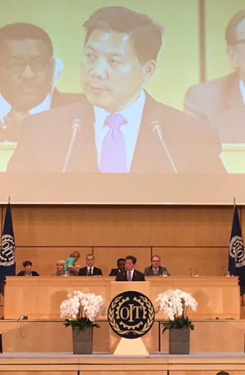 U.S. Deputy Secretary of Labor Christopher Lu addresses a plenary session of the International Labor Conference in Geneva, Switzerland, June 11, 2015.