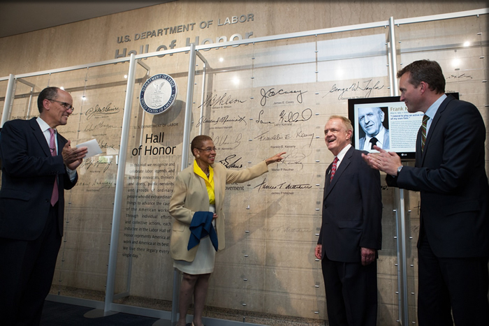 23 June  2015  —  Washington  —  DOL Pride Month Celebration included the Hall of Honor  Induction of Frank Kameny to the Honor wall. U.S. Secretary of Labor Thomas E. Perez,  U.S. Rep. Eleanor Holmes Norton and U.S. Department of Defense Chief of Staff Eric  Fanning delivered remarks honoring Kameny and his life's accomplishments  fighting for civil and workers' rights, particularly for those in the LGBT  community. Paul Kuntzler, a friend and fellow LGBT advocate with Kameny, helps  unveil the plaque.