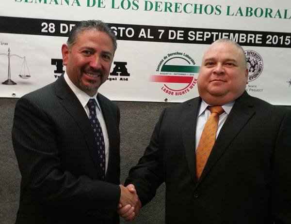 Jacob Prado Gonzalez (left) consul general for the Mexican Consulate in El Paso, Texas, signs alliance renewal with Diego Alvarado Jr. (right) area director in El Paso for the U.S. Department of Labor's Occupational Safety and Health Administration.