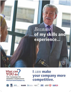 Image of a Campaign for Disability Employment poster showing a man in a suit in a meeting.  The poster says 'Because of my skills and experience...I can make your company more competitive'