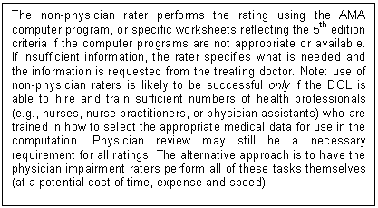 Text Box: The non-physician rater performs the rating using the AMA computer program, or specific worksheets reflecting the 5th edition criteria if the computer programs are not appropriate or available.  If insufficient information, the rater specifies what is needed and the information is requested from the treating doctor. Note: use of non-physician raters is likely to be successful only if the DOL is able to hire and train sufficient numbers of health professionals (e.g., nurses, nurse practitioners, or physician assistants) who are trained in how to select the appropriate medical data for use in the computation. Physician review may still be a necessary requirement for all ratings. The alternative approach is to have the physician impairment raters perform all of these tasks themselves (at a potential cost of time, expense and speed).   