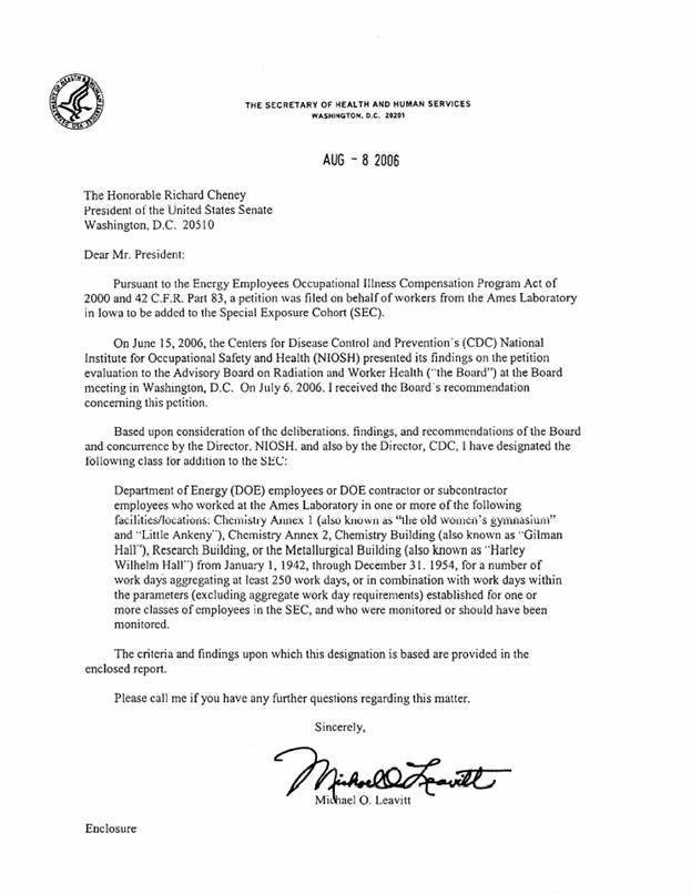 SEC Class Designation from Secretary of HHS to the Vice President of the United States for Ames Laboratory from January 1, 1942 through December 31, 1954